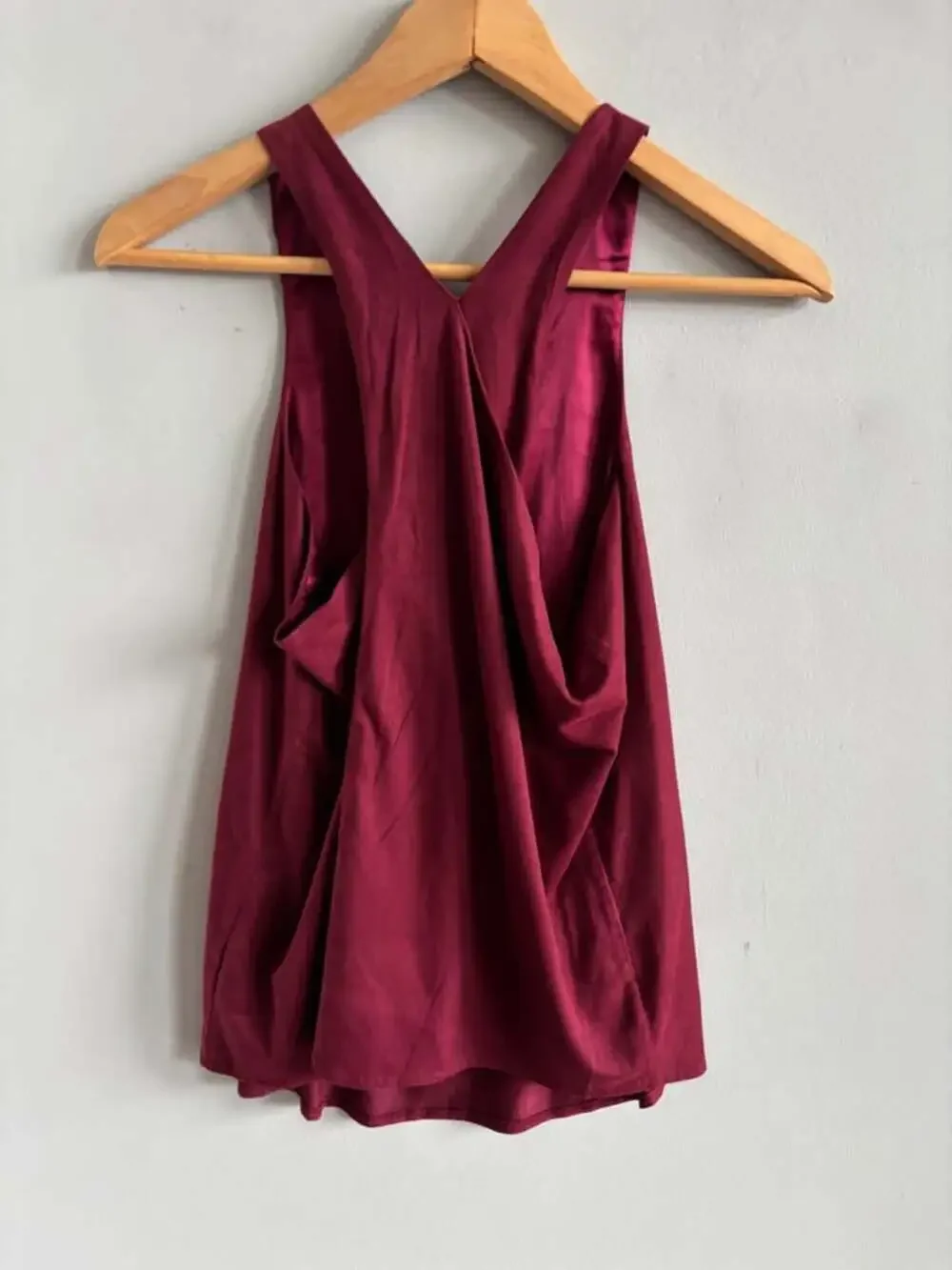 Olivaceous Burgundy Maroon Draped Cowl Open Back Racerback Top Blouse Size M